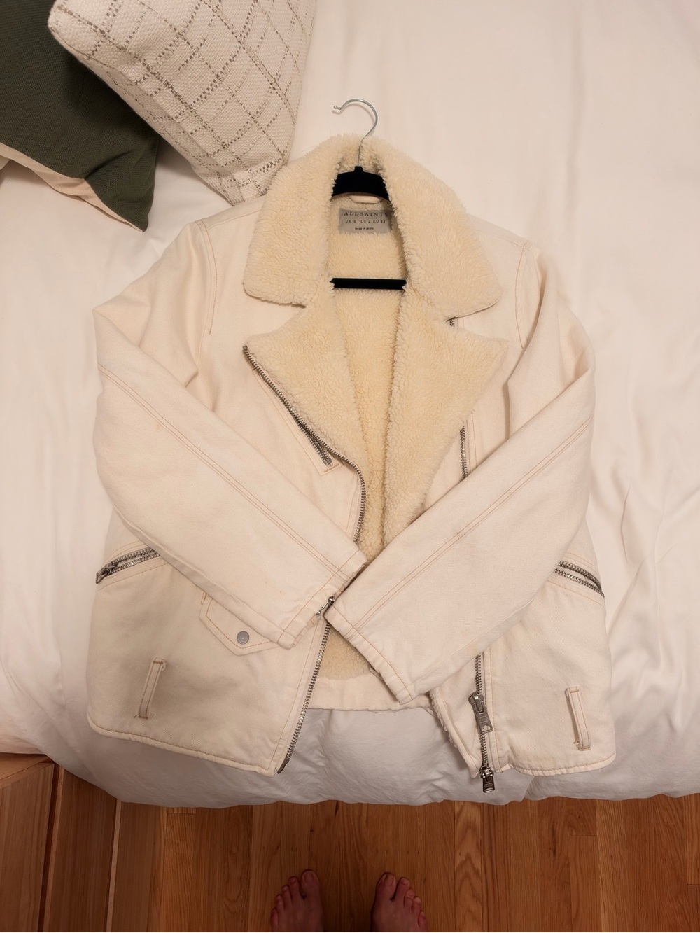 AllSaints Cream Sherpa-Lined Leather Moto Jacket